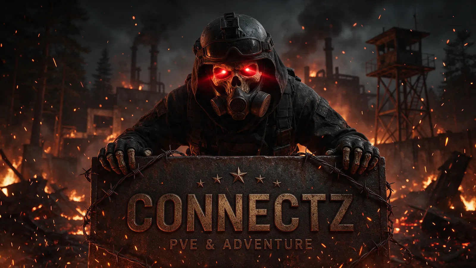 Soldado caveira com máscara de gás e olhos vermelhos segurando a placa CONNECTZ em meio ao fogo